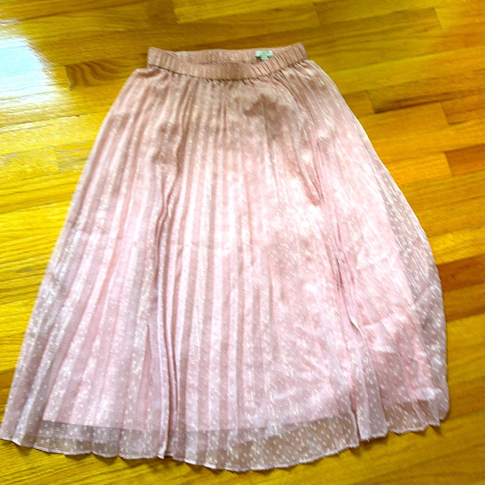 Light pink midi skirt with gold stitching and sparkle, size xs loft